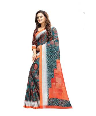 Women   s multicolor Pure linen Printed Designer Saree 2