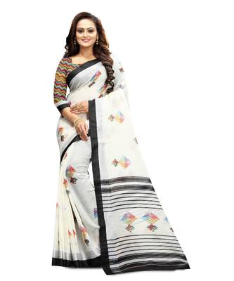 Women   s white Pure linen Printed Designer Saree 1
