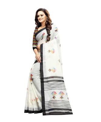 Women   s white Pure linen Printed Designer Saree 2