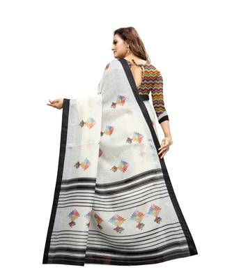 Women   s white Pure linen Printed Designer Saree 3