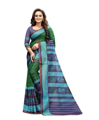Women   s green Pure linen Printed Designer Saree 1