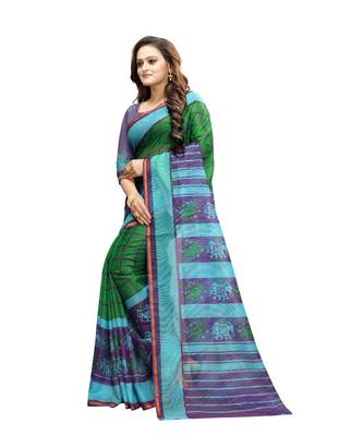 Women   s green Pure linen Printed Designer Saree 2
