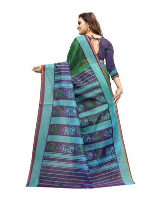 Women   s green Pure linen Printed Designer Saree 3