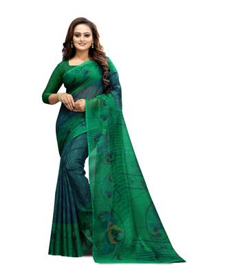 Women   s green Pure linen Printed Designer Saree 1