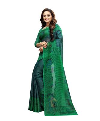 Women   s green Pure linen Printed Designer Saree 2