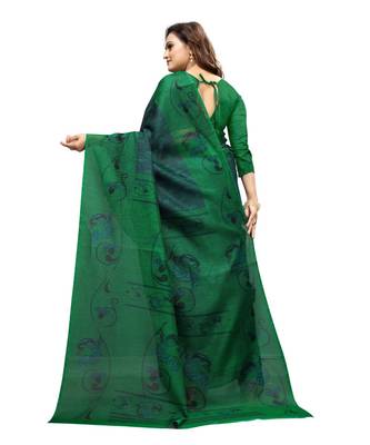 Women   s green Pure linen Printed Designer Saree 3