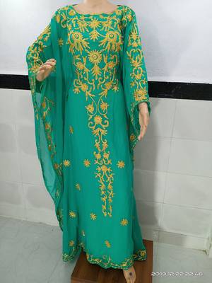 sea green georgette moroccan islamic dubai kaftan farasha aari and stone work  1