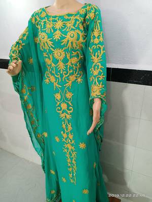 sea green georgette moroccan islamic dubai kaftan farasha aari and stone work  2