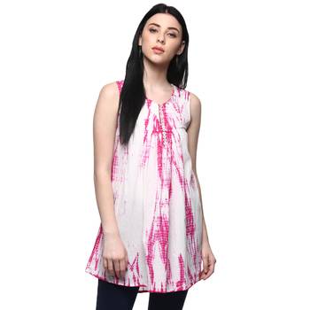 Handcrafted White & Pink A-Line Pure Cotton Kurti 1
