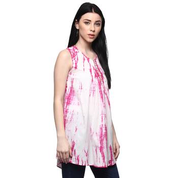 Handcrafted White & Pink A-Line Pure Cotton Kurti 4