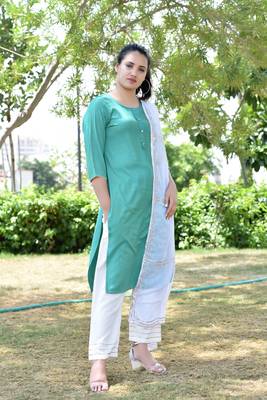 Green Stylish Women 3 Piece Rayon heavy Gotta patti work kurta Palazzo Set With  heavy Designer Duppata 1