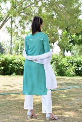 Green Stylish Women 3 Piece Rayon heavy Gotta patti work kurta Palazzo Set With  heavy Designer Duppata 2