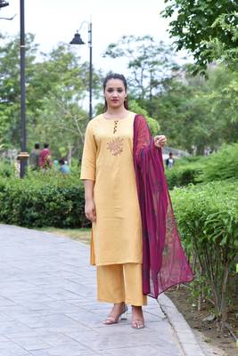 Yellow Stylish Women Reyon Flax Heavy Block Printed kurta Palazzo set with Block print naznin Duppata 1
