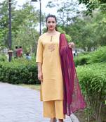 Yellow Stylish Women Reyon Flax Heavy Block Printed kurta Palazzo set with Block print naznin Duppata