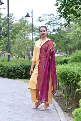 Yellow Stylish Women Reyon Flax Heavy Block Printed kurta Palazzo set with Block print naznin Duppata 2
