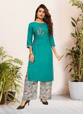 Green Viscose Embroidered Stitched Straight Palazoo Kurta sets 1