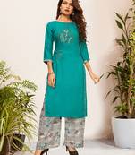 Green Viscose Embroidered Stitched Straight Palazoo Kurta sets