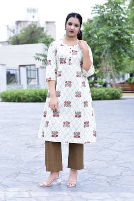 Beige Styllish Women Beige Printed A-Line Cotton  Kurta with Solid Brown  pallazo set 1
