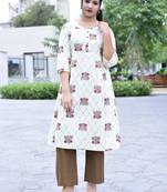Beige Styllish Women Beige Printed A-Line Cotton  Kurta with Solid Brown  pallazo set