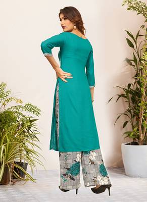 Green Viscose Embroidered Stitched Straight Palazoo Kurta sets 2