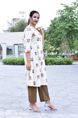 Beige Styllish Women Beige Printed A-Line Cotton  Kurta with Solid Brown  pallazo set 2
