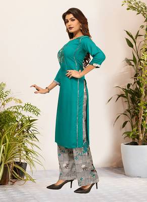 Green Viscose Embroidered Stitched Straight Palazoo Kurta sets 3