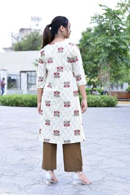 Beige Styllish Women Beige Printed A-Line Cotton  Kurta with Solid Brown  pallazo set 3