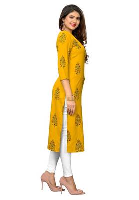 Yellow Printed Rayon Kurtas And Kurtis 3