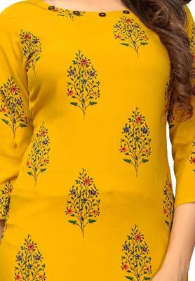 Yellow Printed Rayon Kurtas And Kurtis 4