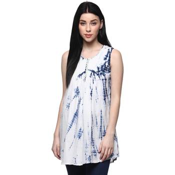 Handcrafted White & Blue A-Line Pure Cotton Kurti 1