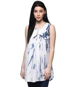 Handcrafted White & Blue A-Line Pure Cotton Kurti