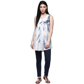Handcrafted White & Blue A-Line Pure Cotton Kurti 2