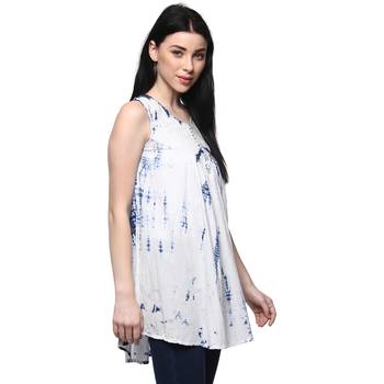 Handcrafted White & Blue A-Line Pure Cotton Kurti 4