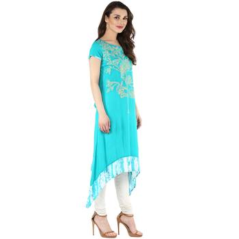   Green embroidered rayon ethnic kurtis 5