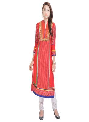   Red embroidered cotton ethnic kurtis 1