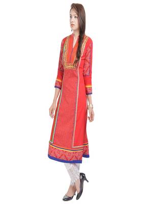   Red embroidered cotton ethnic kurtis 2