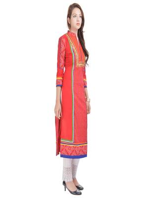   Red embroidered cotton ethnic kurtis 3