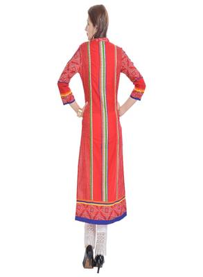   Red embroidered cotton ethnic kurtis 4