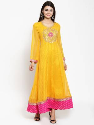 Geroo Jaipur  Yellow embroidered georgette ethnic-kurtis 1