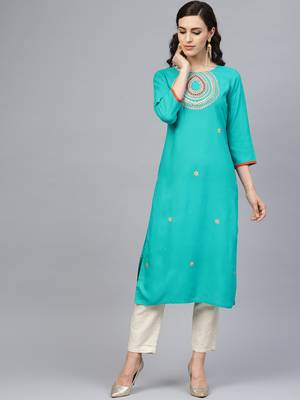 Green Hand Embroidered Straight Rayon Kurta 1