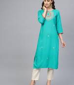 Green Hand Embroidered Straight Rayon Kurta