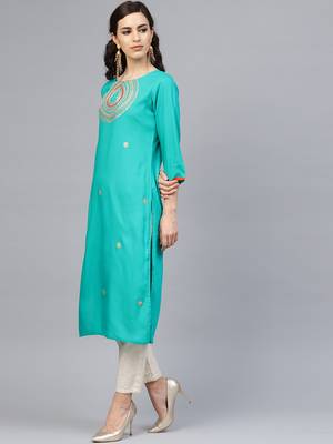 Green Hand Embroidered Straight Rayon Kurta 2