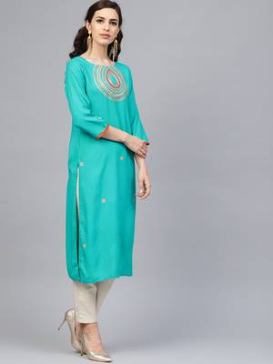Green Hand Embroidered Straight Rayon Kurta 3