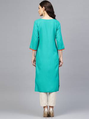 Green Hand Embroidered Straight Rayon Kurta 4