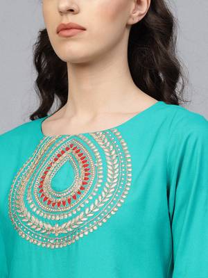 Green Hand Embroidered Straight Rayon Kurta 5