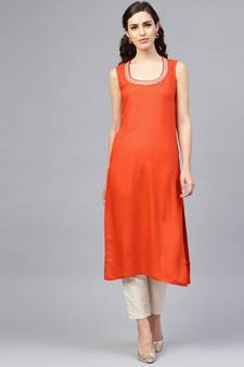 Geroo Jaipur Solid Orange Sleeveless Straight Rayon Kurta