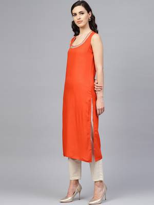   Solid Orange Sleeveless Straight Rayon Kurta 2