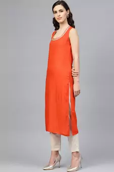   Solid Orange Sleeveless Straight Rayon Kurta