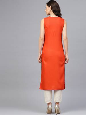   Solid Orange Sleeveless Straight Rayon Kurta 3