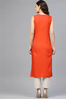   Solid Orange Sleeveless Straight Rayon Kurta